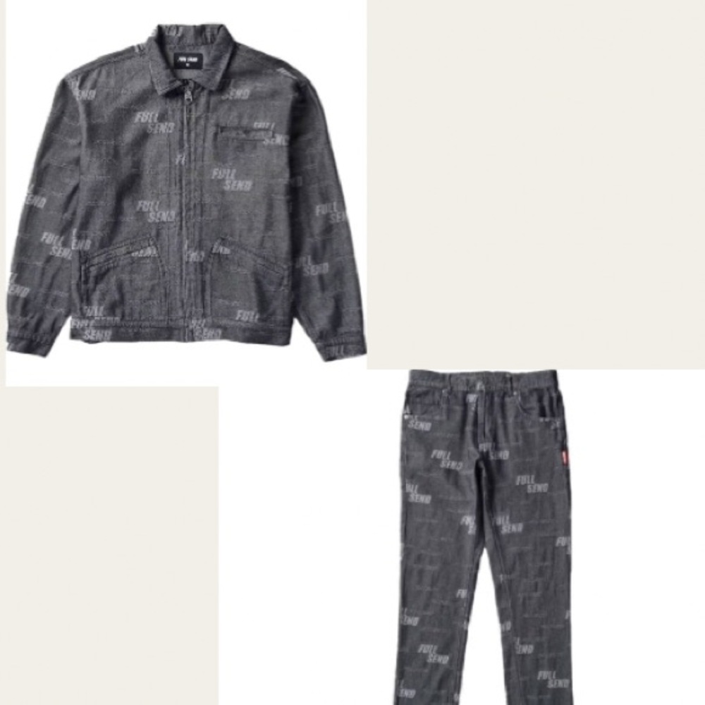 Full send all over print jean jacket and pant size Large brand new